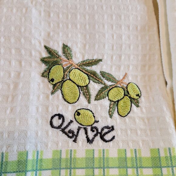 4 Olive Kitchen Towels Lavien Embroidered Waffle Cotton Blend 16x24" Green Plaid - Picture 4 of 13